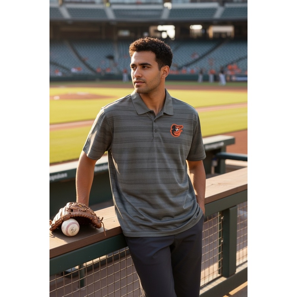 Antigua Baltimore Orioles Mens XXL Performance‎ Polo Shirt Gray Striped Golf
